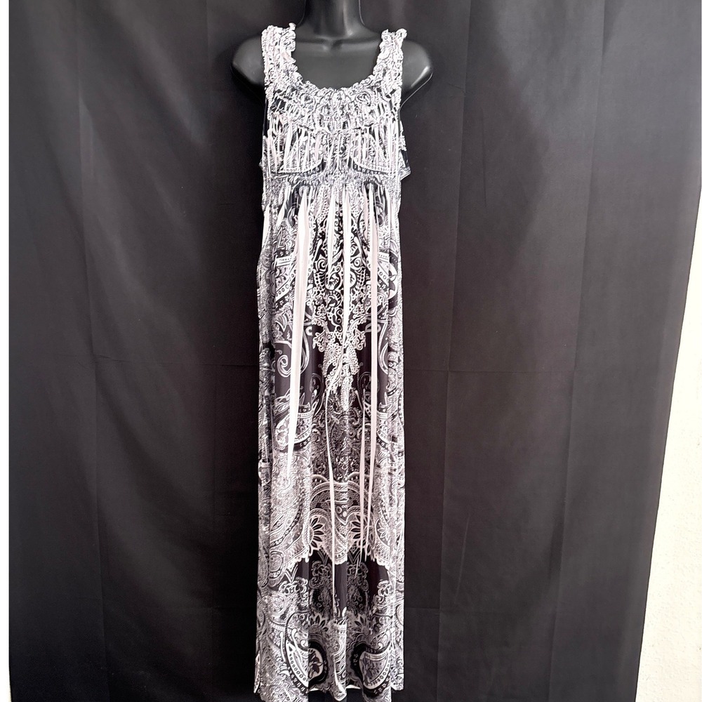 Black White Paisley Smocked Maxi Dress Sleeveless Empire Waist PXL Dark Fairy